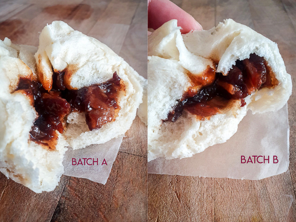 Two exposed char siu bao side by side. One marked Batch A, one marked Batch B