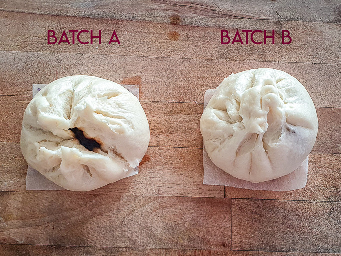 Two char siu bao side by side. One is marked Batch A, one Batch B