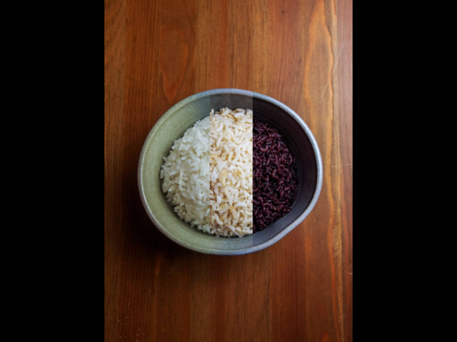 White, brown, and red rice. 
