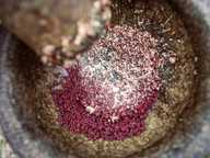 A mortar and pestle with pounded soaked mustard seeds A mortar and pestle with pounded soaked mustard seeds