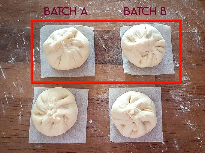 Four char siu bao on the table. The two top ones are marked in a red square, written Batch A and Batch B