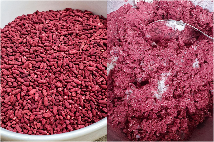 Red yeast rice is ground in a food processor and carefully mixed and massaged into cooled glutinous rice. Photo: Mildred Voon