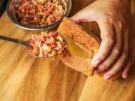 Fill the bread slice with the meat filling. Fill the bread slice with the meat filling.